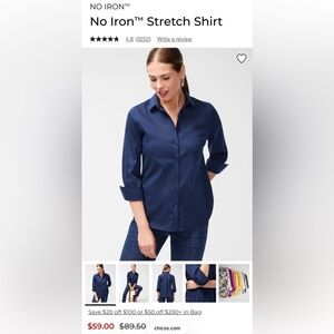 Chico's No Iron Navy Blue Button Down Shirt Top